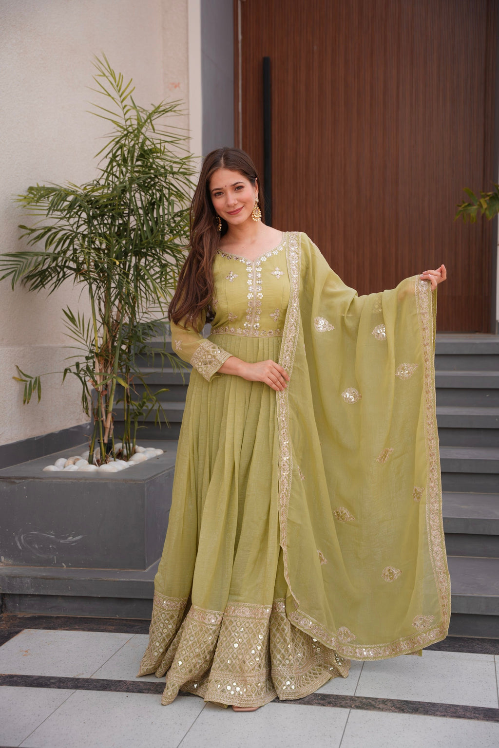 Lorenvalley Fashion Mehendi Crunchy Silk with Embroidery Codding & Sequins Work Anarkali Gown with Dupatta | Grocsy