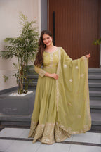 Lorenvalley Fashion Mehendi Crunchy Silk with Embroidery Codding & Sequins Work Anarkali Gown with Dupatta | Grocsy