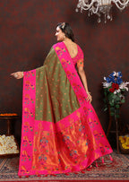 Lorenvalley Fashion Mahendi Soft Paithani Silk Woven Design Rich Zari Meenakari Weaving Saree | Grocsy