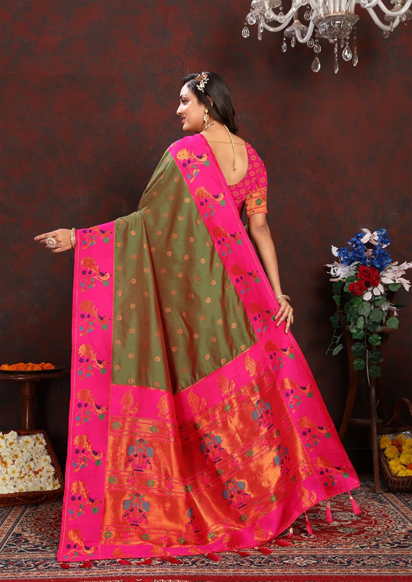 Lorenvalley Fashion Mahendi Soft Paithani Silk Woven Design Rich Zari Meenakari Weaving Saree | Grocsy
