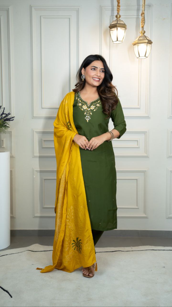 Lorenvalley Fashion Mahendi Roman Silk Hand Work Kurta Pant with Dupatta | Grocsy