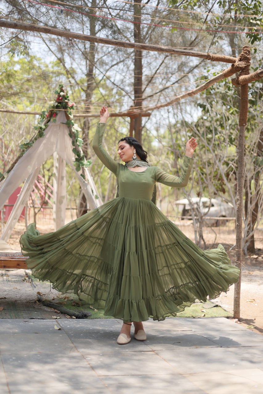 Evanik Mehendi Faux Blooming Gown With Dupatta With Rich Sequins Embroidered work | Grocsy