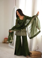 Lorenvalley Fashion Mehendi Crunchy Silk with Embroidery Sequence and Jari Work Kurta Bell Bottom Pant with Dupatta | Grocsy