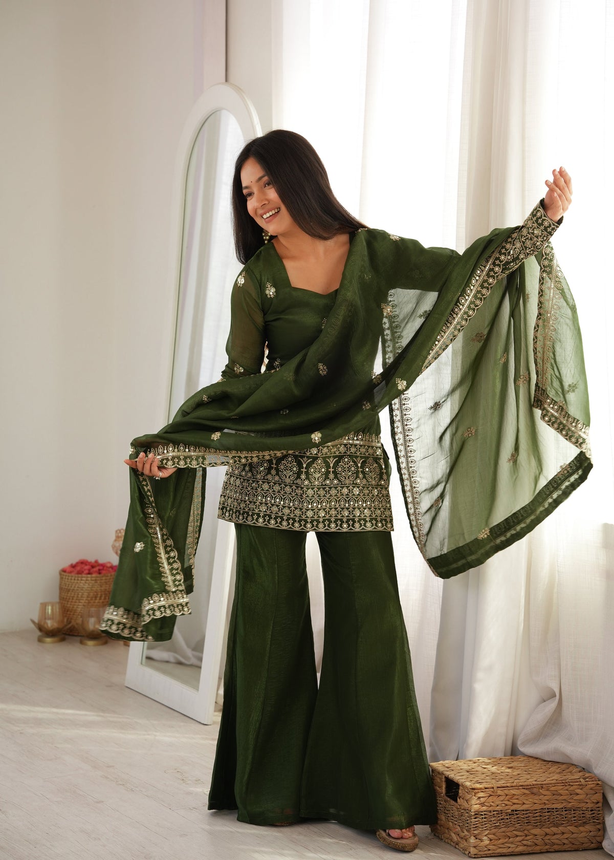Lorenvalley Fashion Mehendi Crunchy Silk with Embroidery Sequence and Jari Work Kurta Bell Bottom Pant with Dupatta | Grocsy