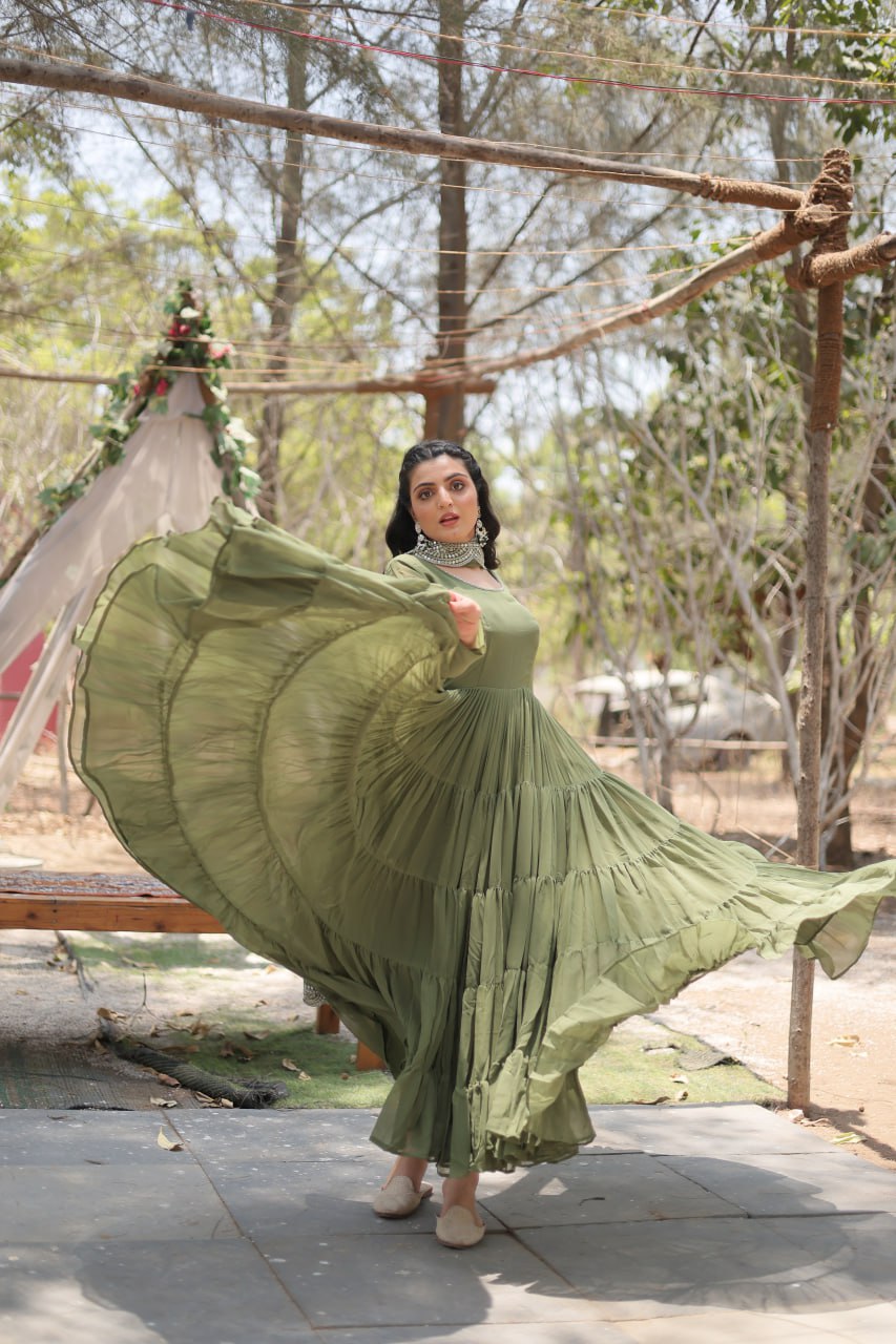 Evanik Mehendi Faux Blooming Gown With Dupatta With Rich Sequins Embroidered work | Grocsy