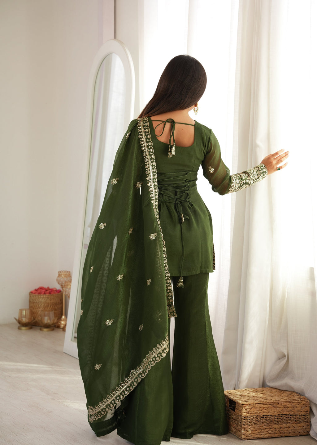 Lorenvalley Fashion Mehendi Crunchy Silk with Embroidery Sequence and Jari Work Kurta Bell Bottom Pant with Dupatta | Grocsy