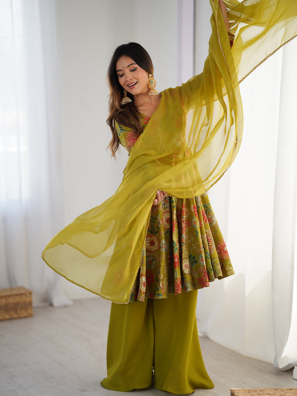 Lorenvalley Women Pure Soft Roman silk Chanderi Discharge Print Fabric Kediya Kurta Palazzo with Dupatta Set | Grocsy