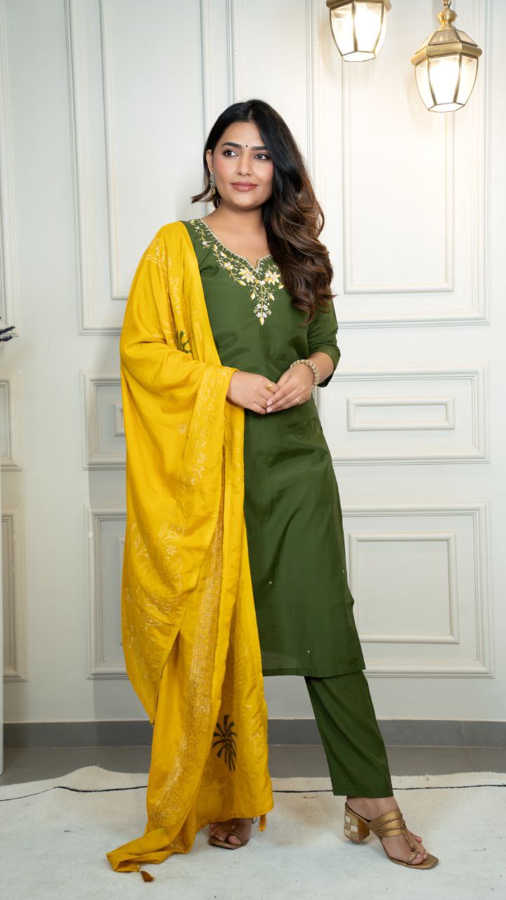Lorenvalley Fashion Mahendi Roman Silk Hand Work Kurta Pant with Dupatta | Grocsy