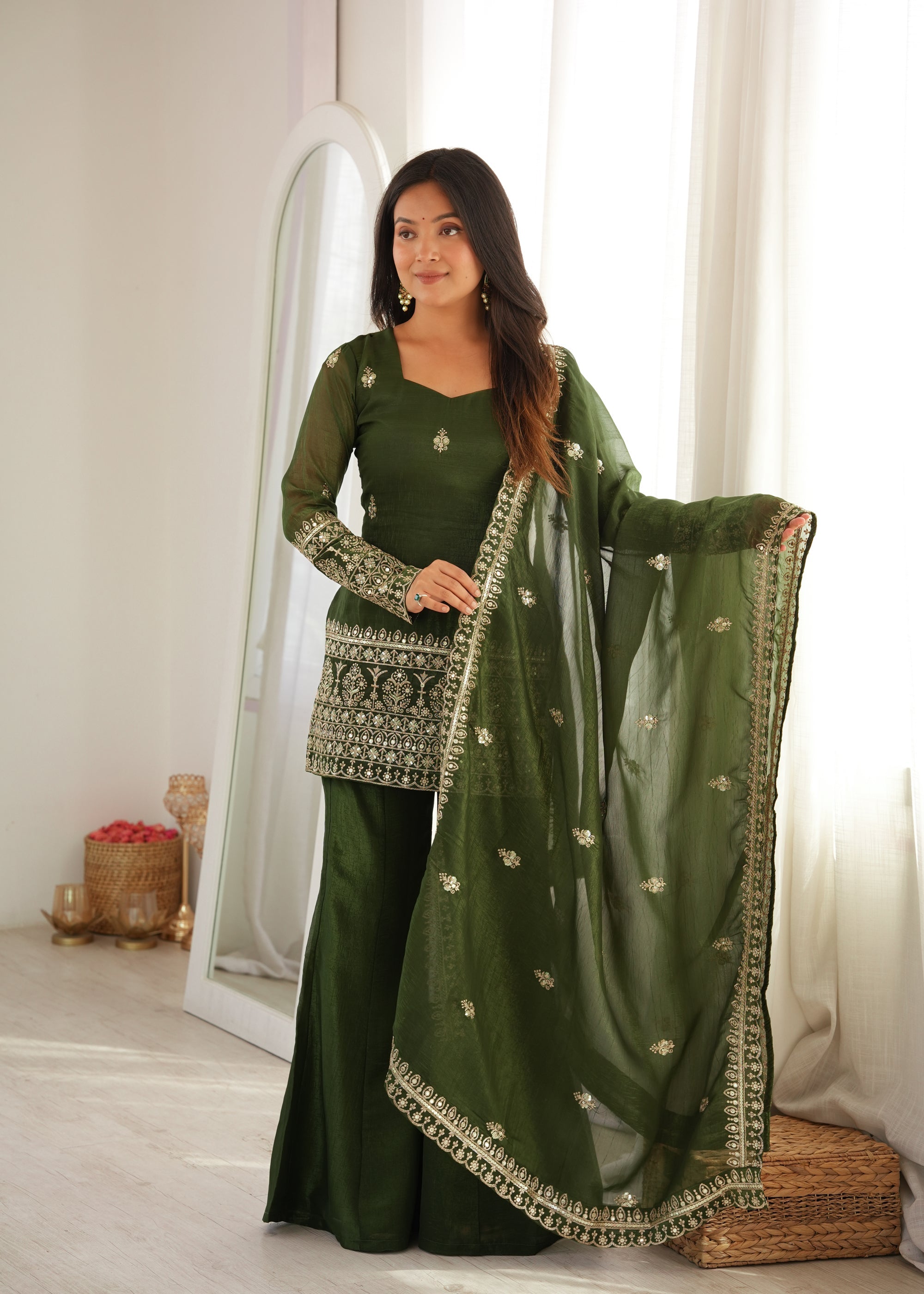 Lorenvalley Fashion Mehendi Crunchy Silk with Embroidery Sequence and Jari Work Kurta Bell Bottom Pant with Dupatta | Grocsy