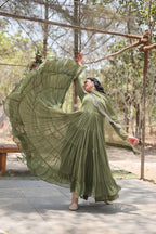 Evanik Mehendi Faux Blooming Gown With Dupatta With Rich Sequins Embroidered work | Grocsy