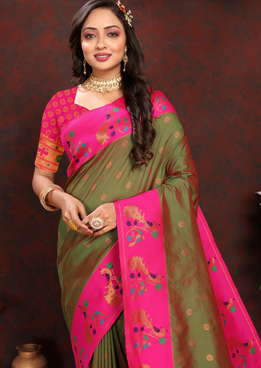 Lorenvalley Fashion Mahendi Soft Paithani Silk Woven Design Rich Zari Meenakari Weaving Saree | Grocsy