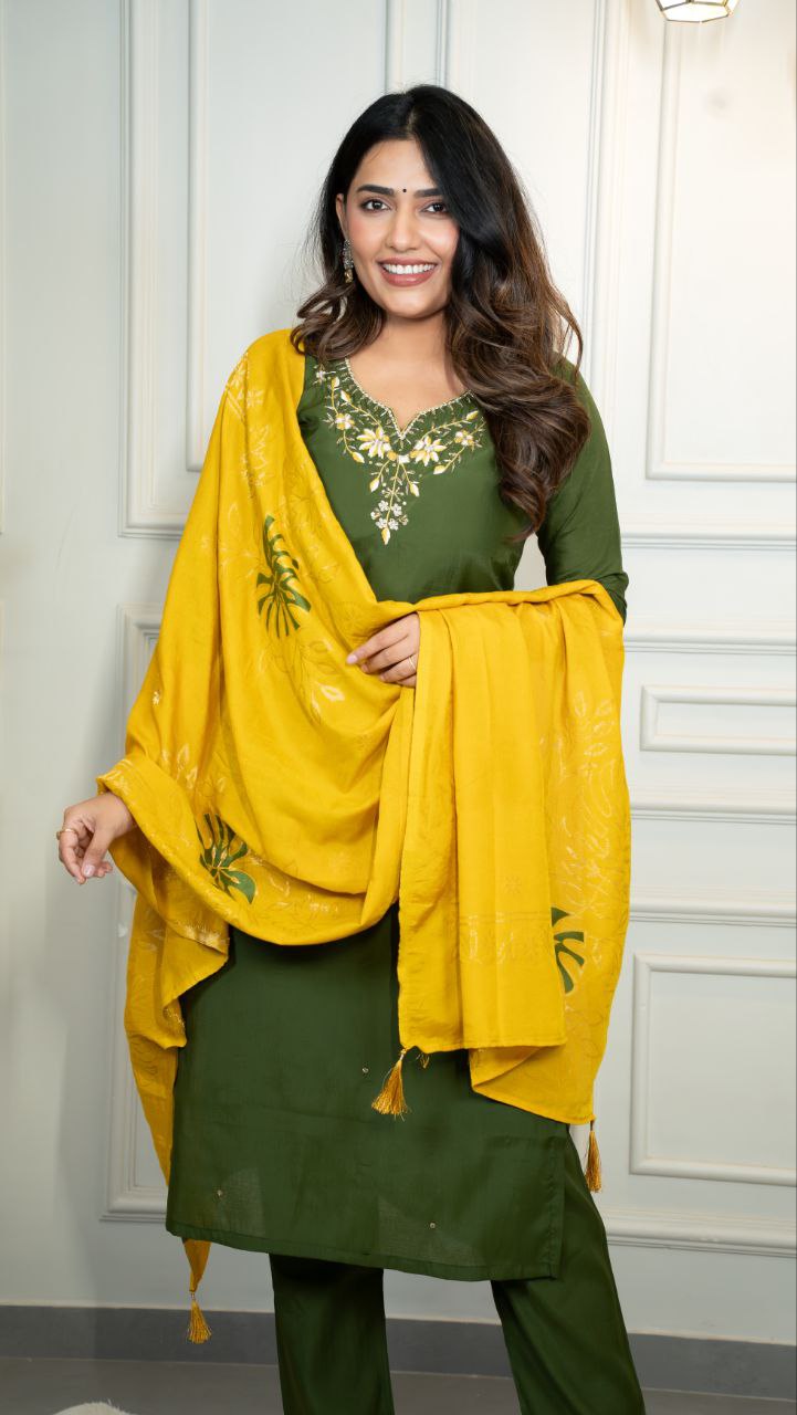 Lorenvalley Fashion Mahendi Roman Silk Hand Work Kurta Pant with Dupatta | Grocsy