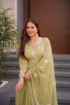 Lorenvalley Fashion Mehendi Crunchy Silk with Embroidery Codding & Sequins Work Anarkali Gown with Dupatta | Grocsy