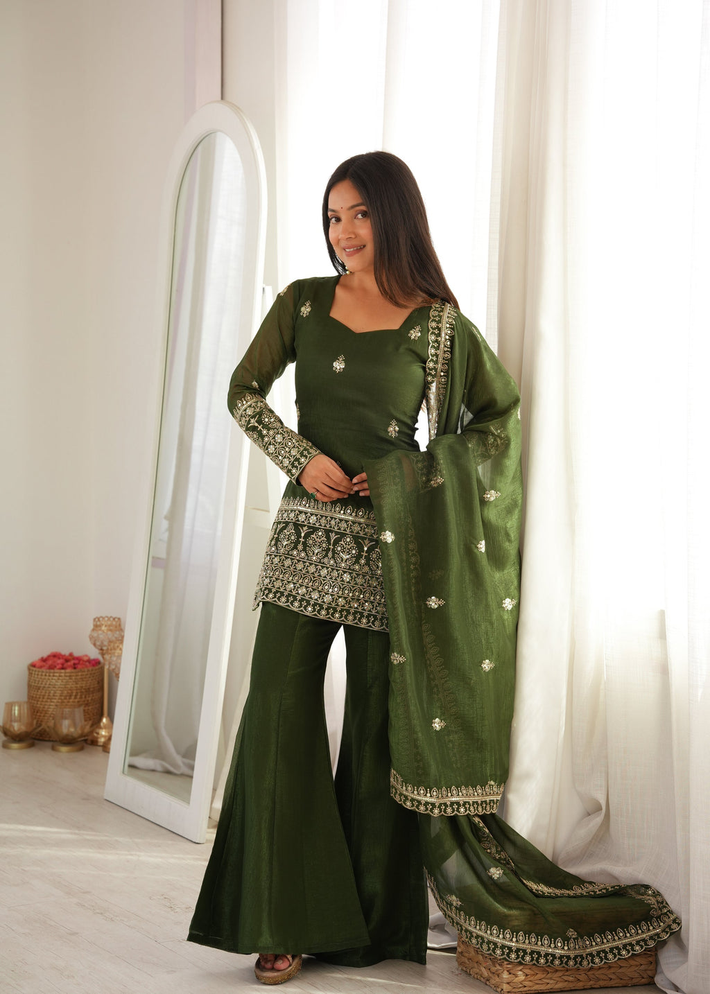 Lorenvalley Fashion Mehendi Crunchy Silk with Embroidery Sequence and Jari Work Kurta Bell Bottom Pant with Dupatta | Grocsy