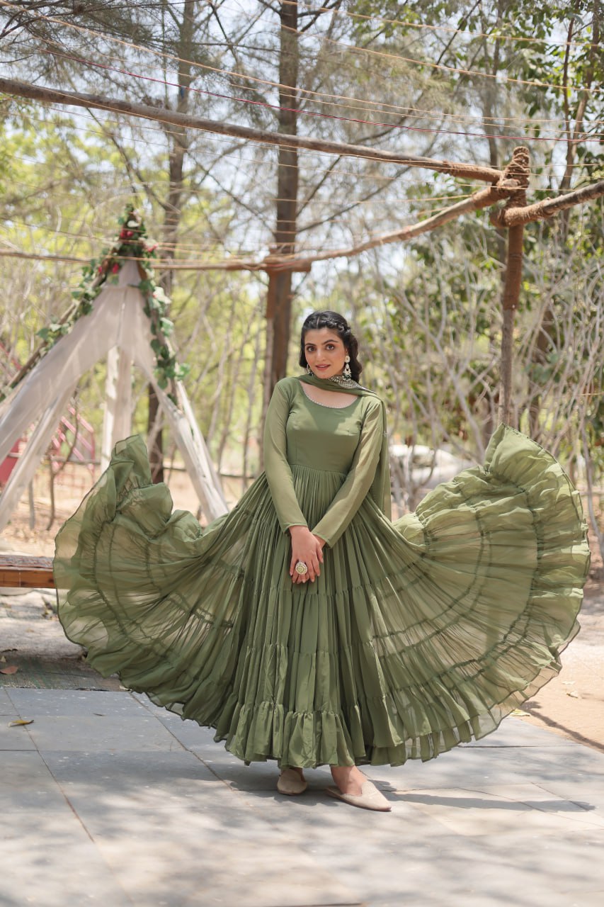 Evanik Mehendi Faux Blooming Gown With Dupatta With Rich Sequins Embroidered work | Grocsy