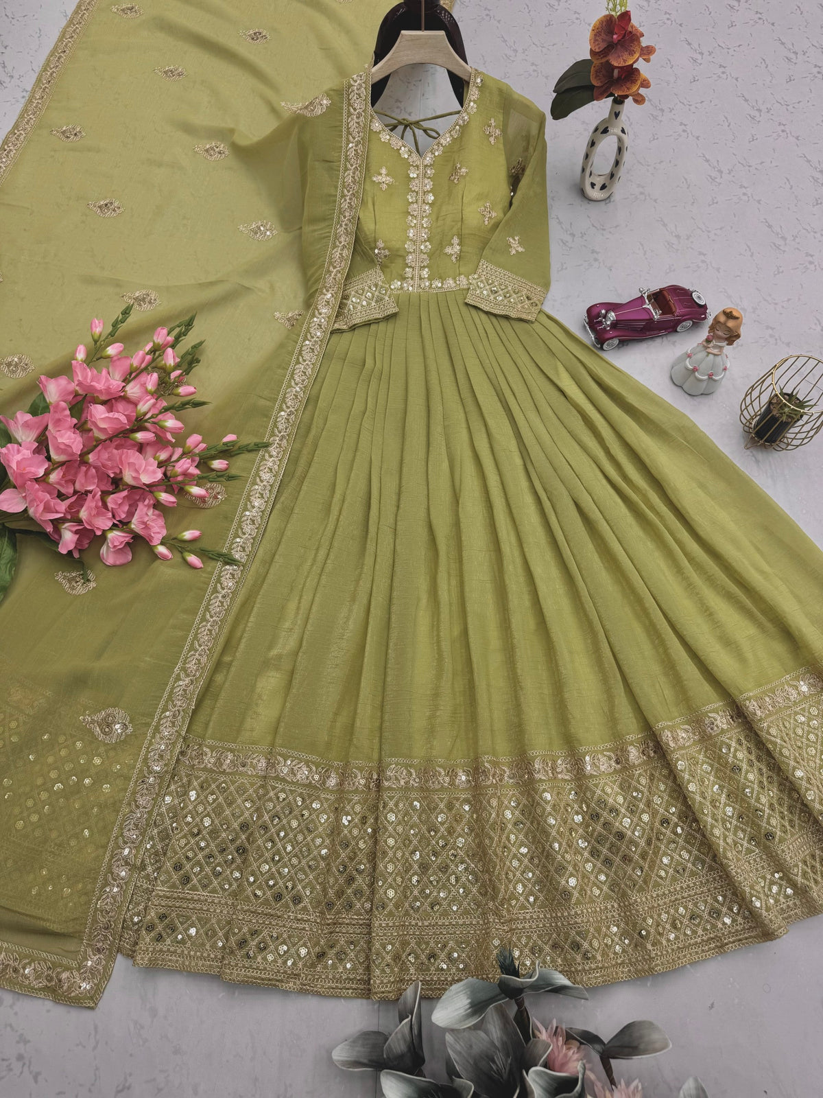 Lorenvalley Fashion Mehendi Crunchy Silk with Embroidery Codding & Sequins Work Anarkali Gown with Dupatta | Grocsy