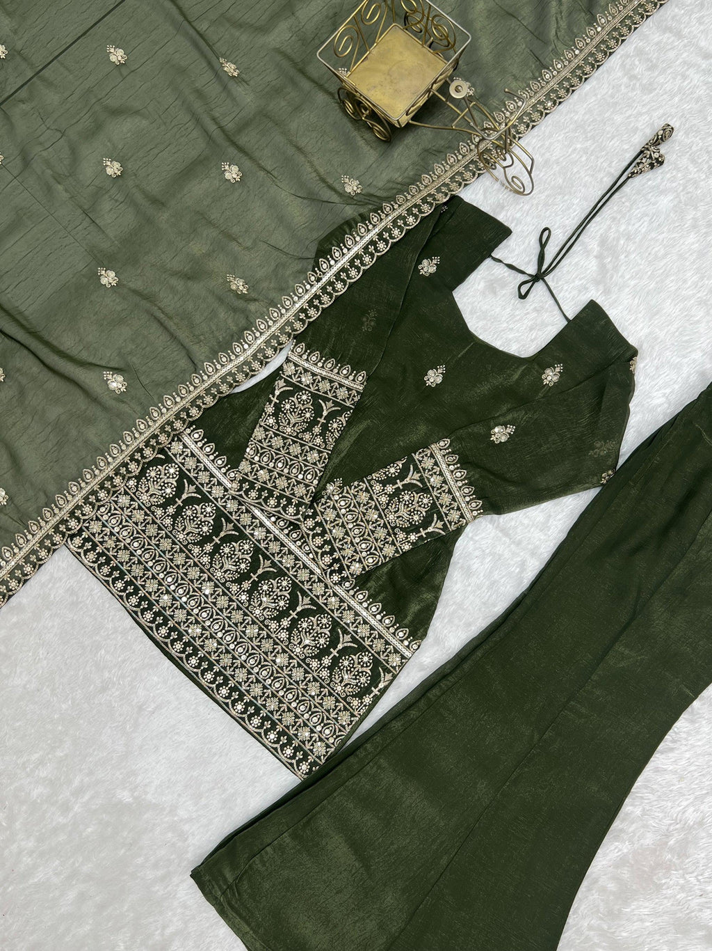 Lorenvalley Fashion Mehendi Crunchy Silk with Embroidery Sequence and Jari Work Kurta Bell Bottom Pant with Dupatta | Grocsy