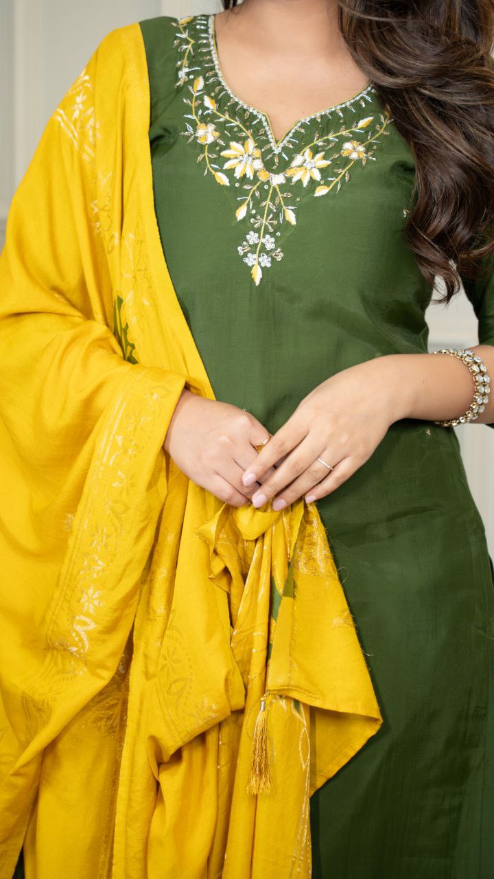Lorenvalley Fashion Mahendi Roman Silk Hand Work Kurta Pant with Dupatta | Grocsy