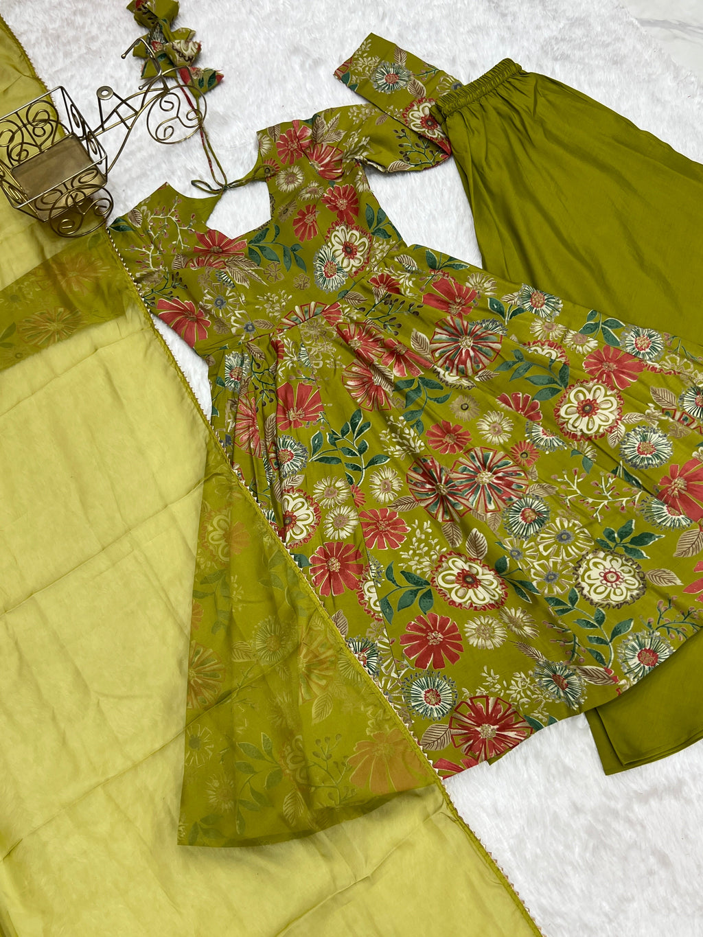 Lorenvalley Women Pure Soft Roman silk Chanderi Discharge Print Fabric Kediya Kurta Palazzo with Dupatta Set | Grocsy