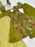 Lorenvalley Women Pure Soft Roman silk Chanderi Discharge Print Fabric Kediya Kurta Palazzo with Dupatta Set | Grocsy