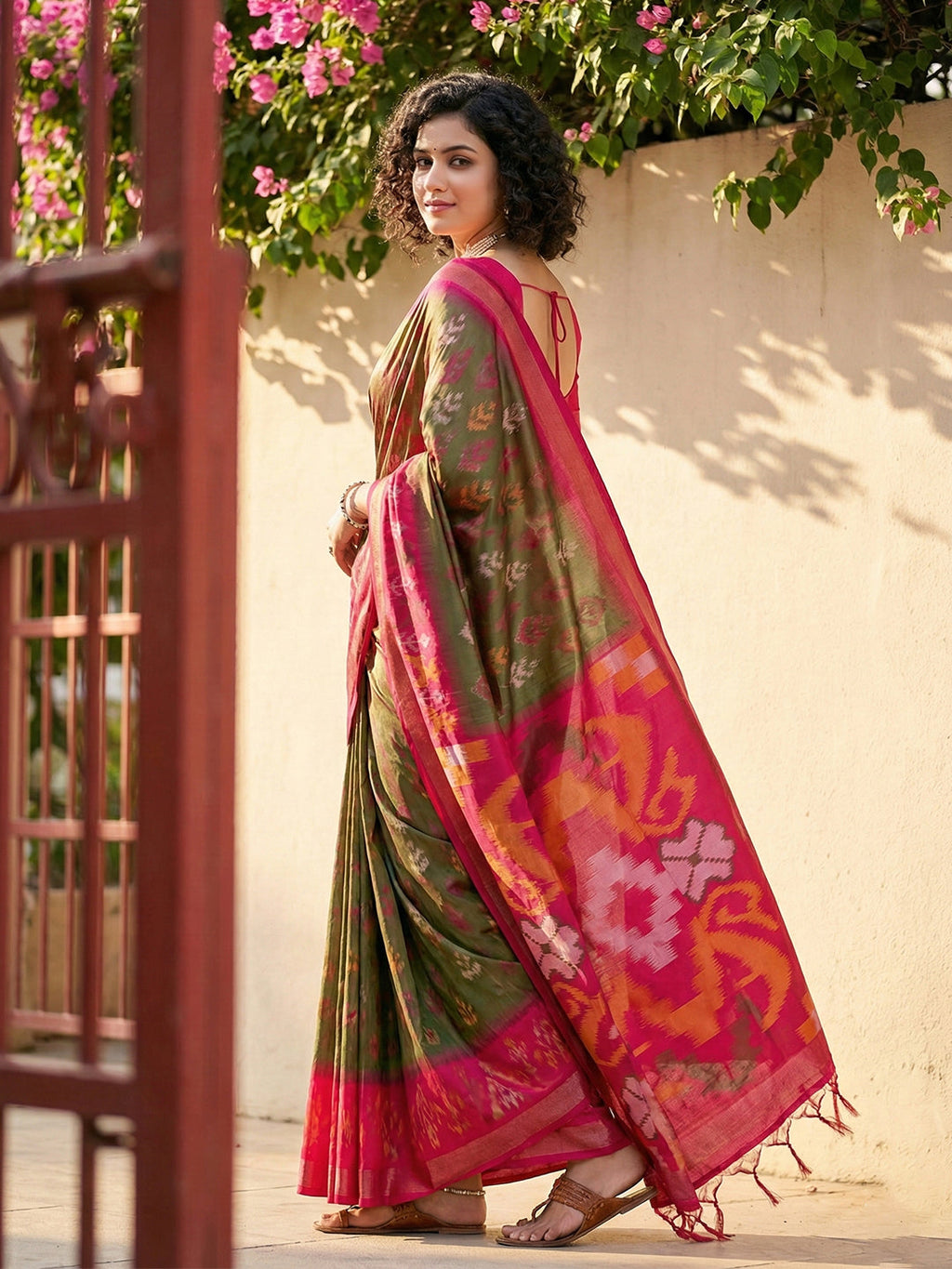 Anaita Mehendi Pochampally Printed Saree With Blouse | Grocsy