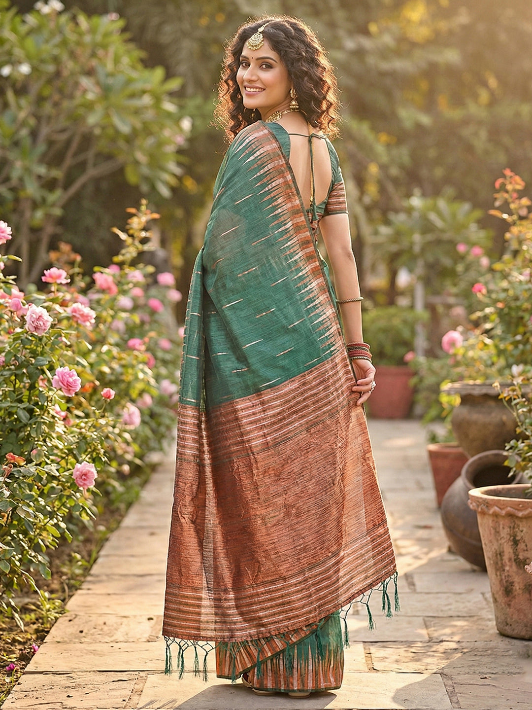Anaita Mehendi Linen Woven Work Saree With Blouse | Grocsy