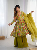 Lorenvalley Women Pure Soft Roman silk Chanderi Discharge Print Fabric Kediya Kurta Palazzo with Dupatta Set | Grocsy