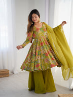 Lorenvalley Women Pure Soft Roman silk Chanderi Discharge Print Fabric Kediya Kurta Palazzo with Dupatta Set | Grocsy