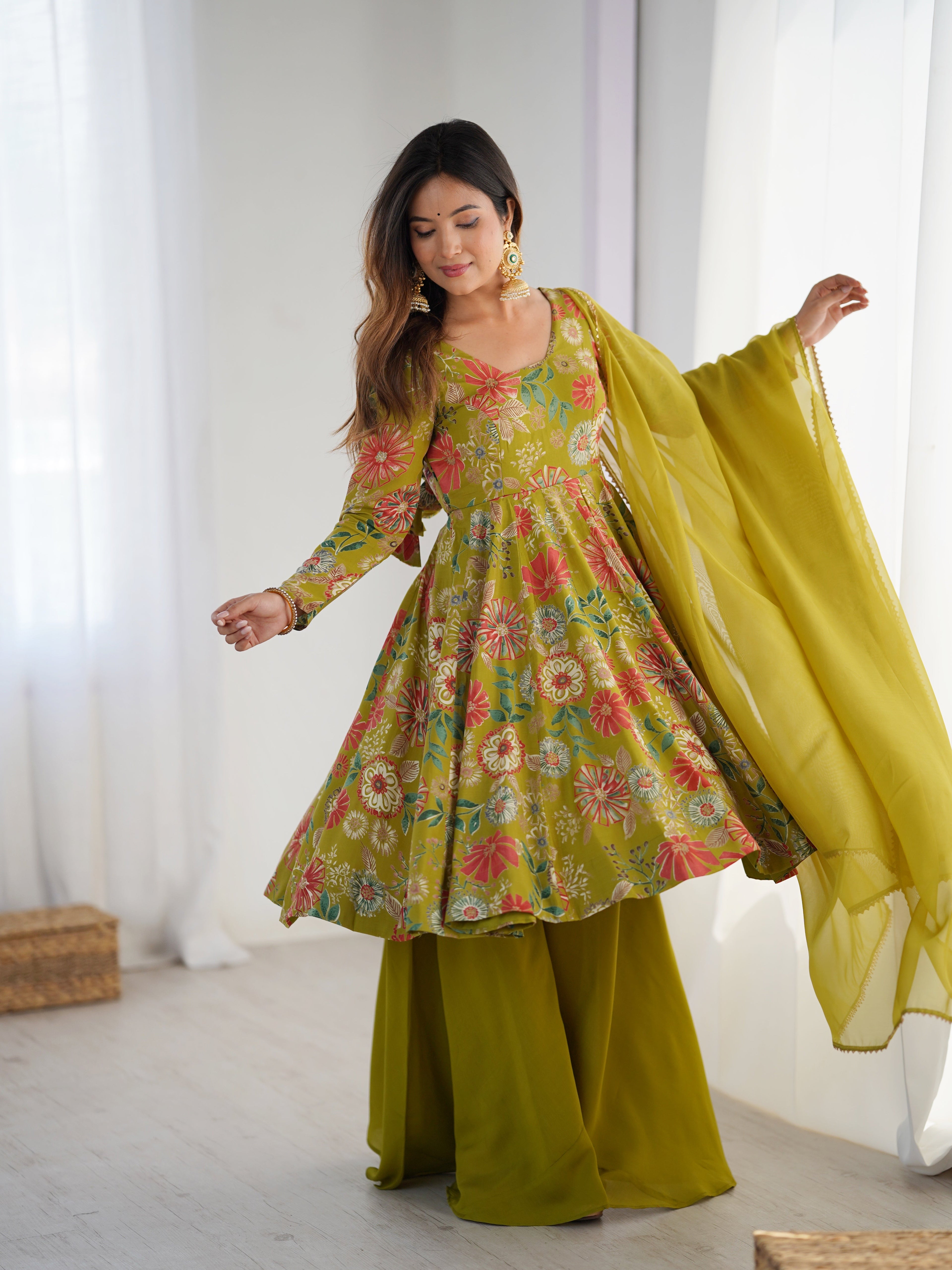 Lorenvalley Women Pure Soft Roman silk Chanderi Discharge Print Fabric Kediya Kurta Palazzo with Dupatta Set | Grocsy