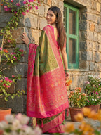 Anaita Mehendi Pochampally Printed Saree With Blouse | Grocsy