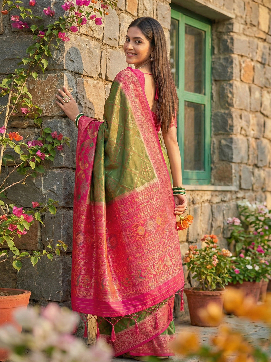 Anaita Mehendi Pochampally Printed Saree With Blouse | Grocsy