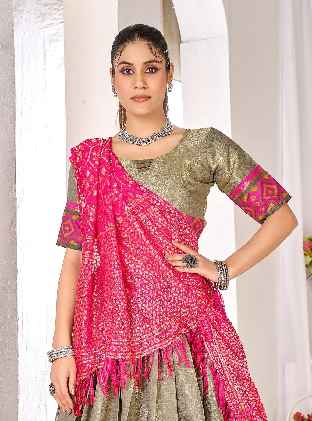 Anaita Mehndi Weaving Work Silk Lehenga Choli | Grocsy