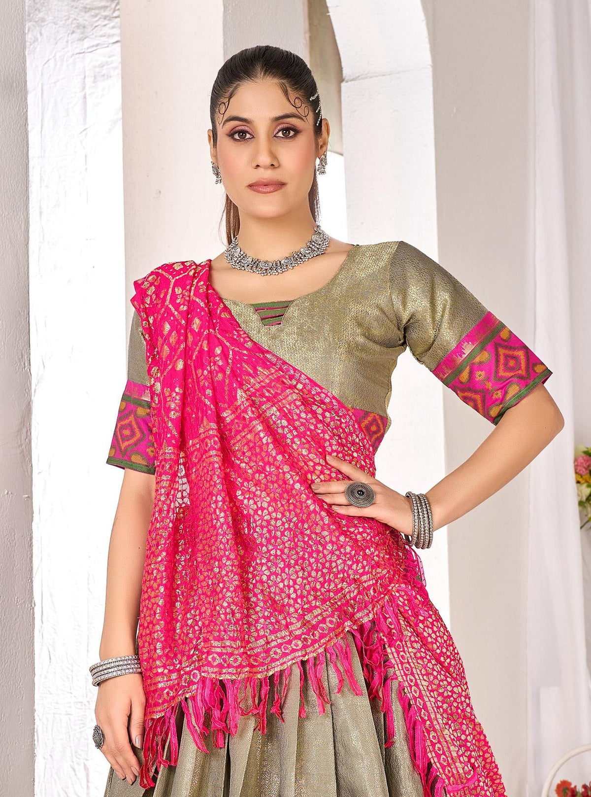 Anaita Mehndi Weaving Work Silk Lehenga Choli | Grocsy