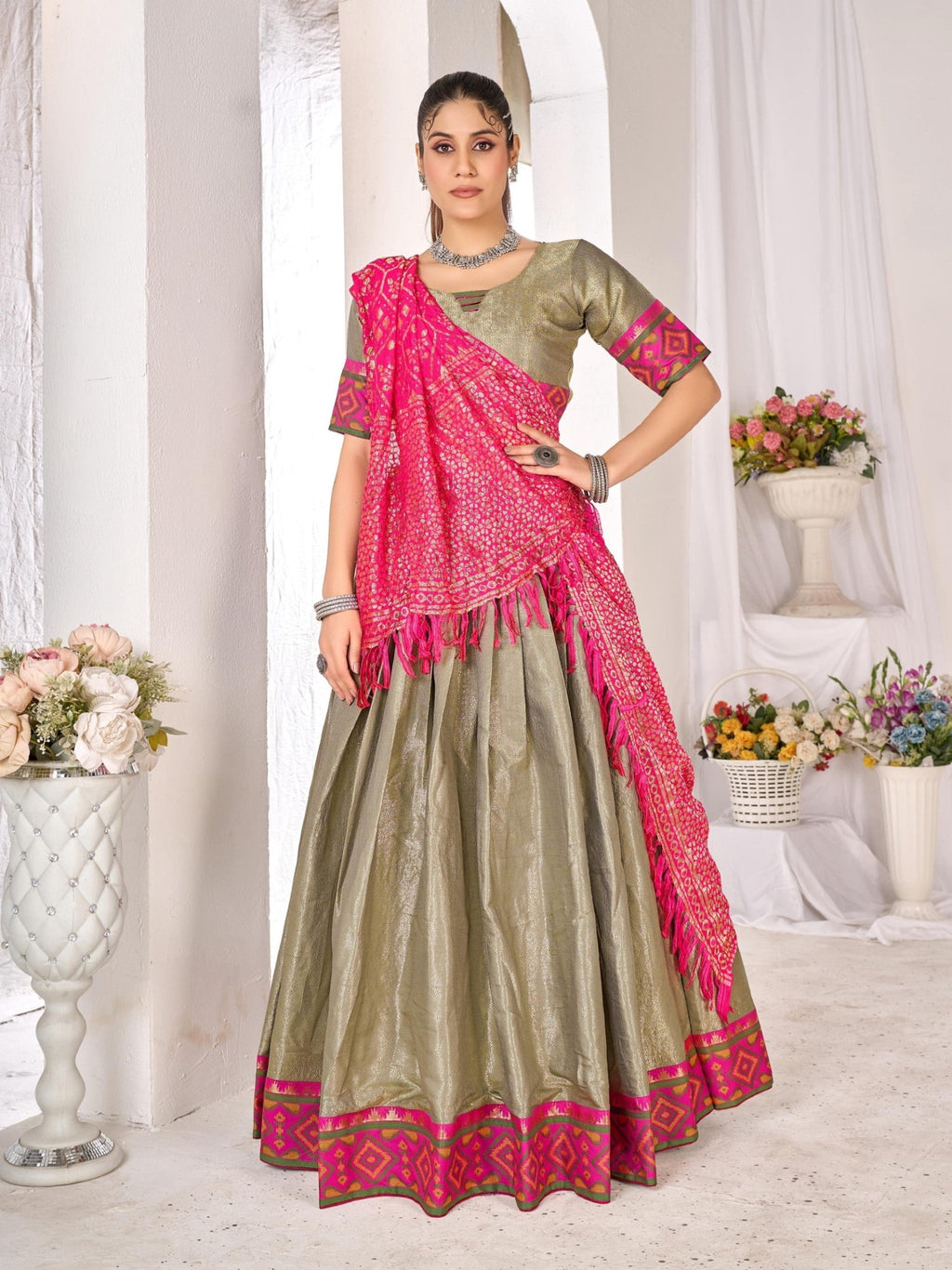 Anaita Mehndi Weaving Work Silk Lehenga Choli | Grocsy