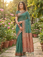 Anaita Mehendi Linen Woven Work Saree With Blouse | Grocsy