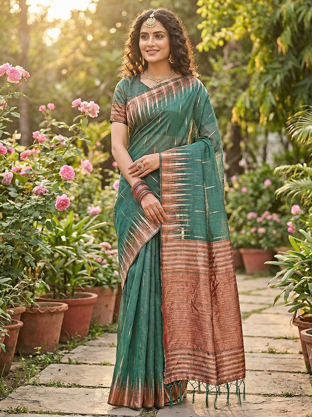Anaita Mehendi Linen Woven Work Saree With Blouse | Grocsy