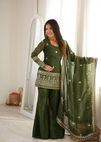 Lorenvalley Fashion Mehendi Crunchy Silk with Embroidery Sequence and Jari Work Kurta Bell Bottom Pant with Dupatta | Grocsy