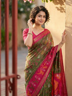 Anaita Mehendi Pochampally Printed Saree With Blouse | Grocsy