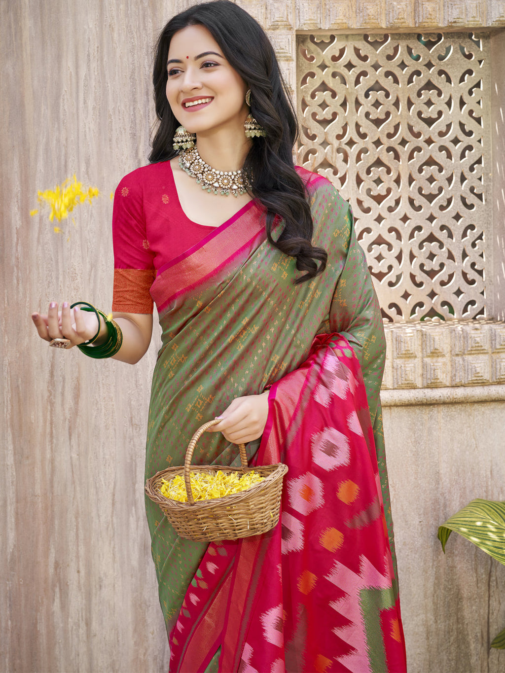 Anaita Mehndi Pochampally Silk Saree With Floral Printed Work With Blouse | Grocsy