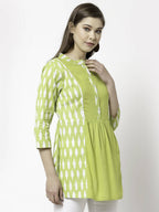 Myshka Women Green Pure Cotton Printed 3/4 Sleeve Round Casual Tunic | Grocsy