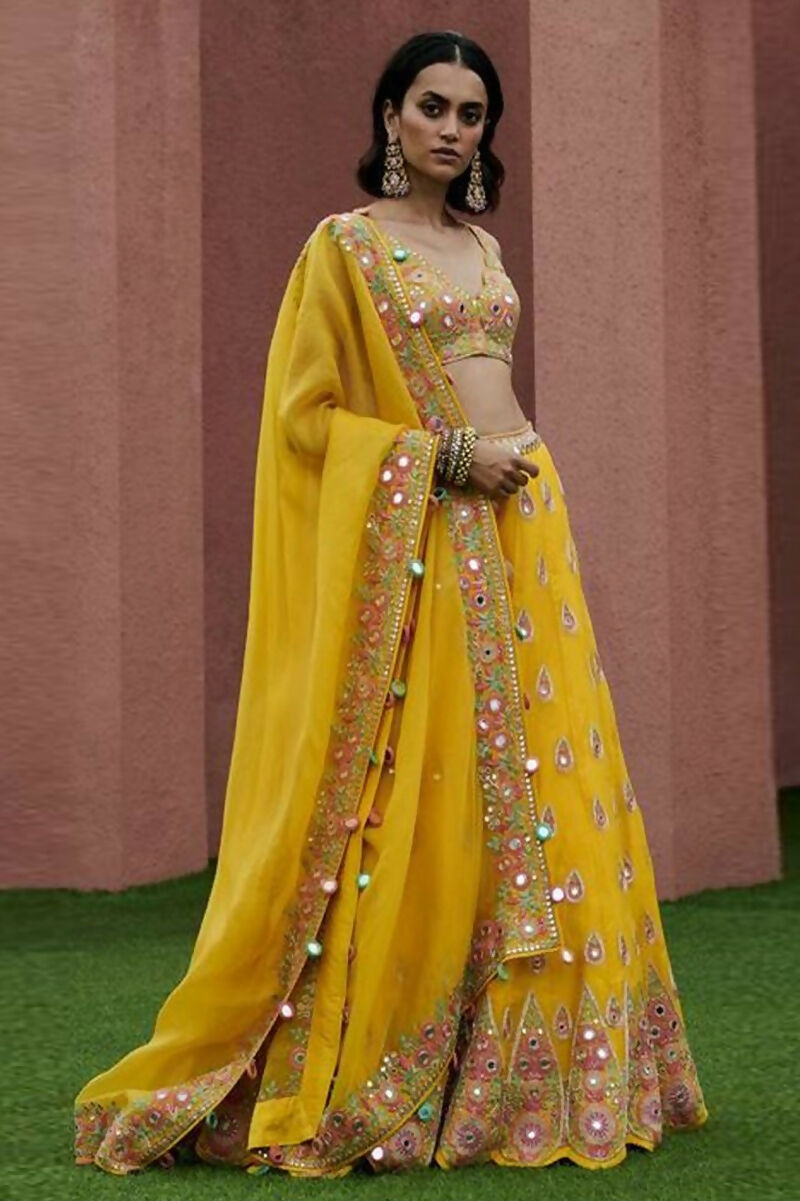 Jyoti Fashion Yellow Thread with Mirror Embroidery Georgette Lehenga Choli with Dupatta | Grocsy