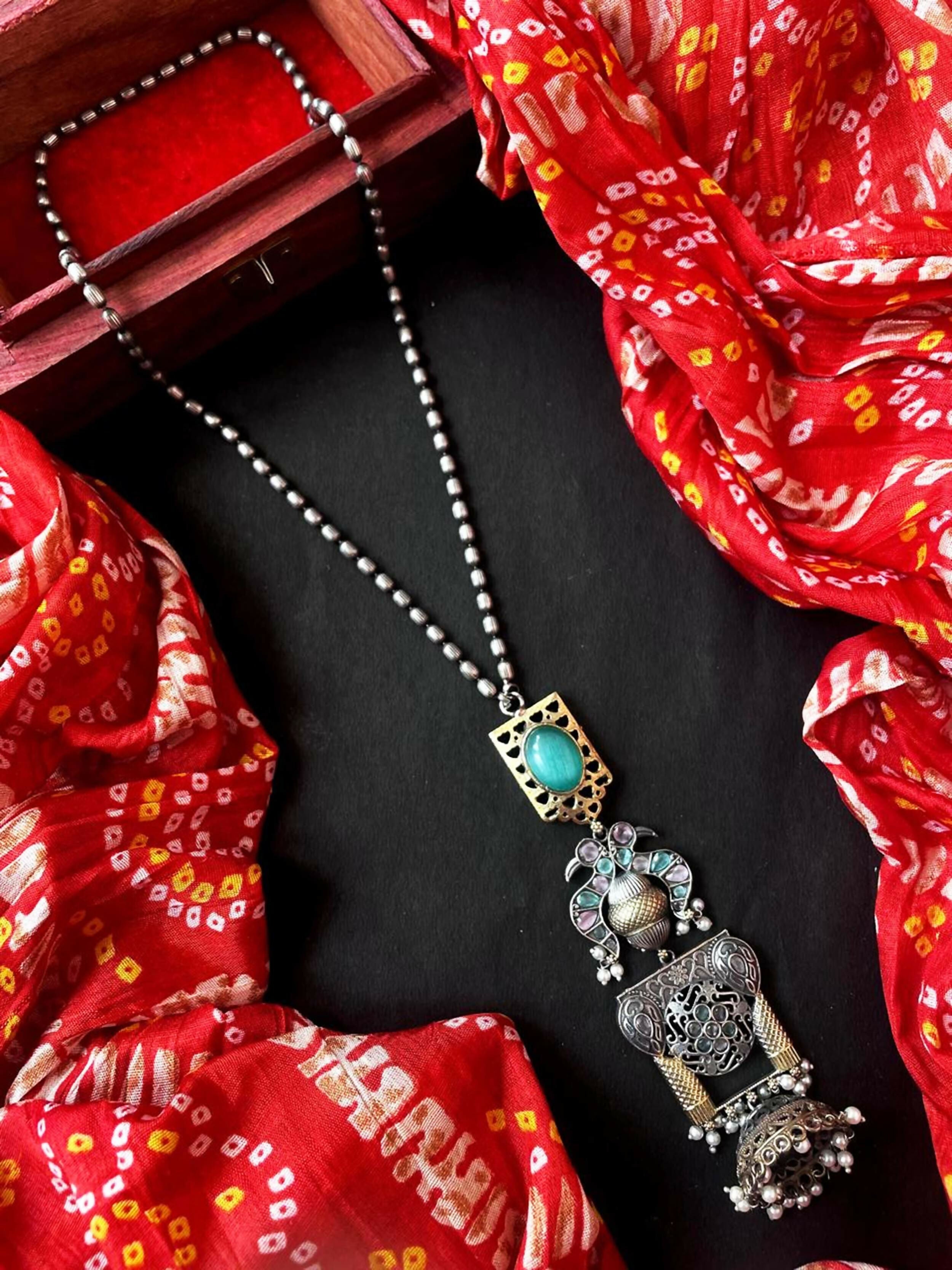 Joban Fashion Sky Blue Brass Monalisa Stone Dual Tone Beaded Pendant Chain Necklace | Grocsy