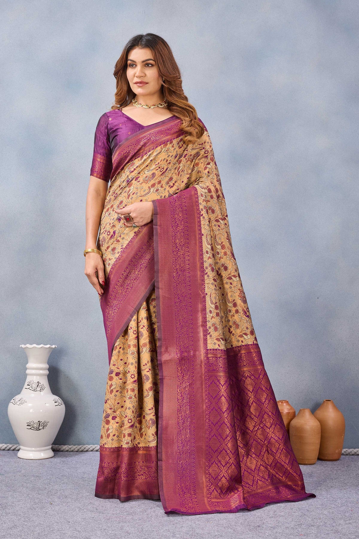 Divine International Trading Co Beige Wine Soft Silk Blend Banarasi Jacuard Work Designer Party Wear Saree With Unstitched Blouse Piece | Grocsy