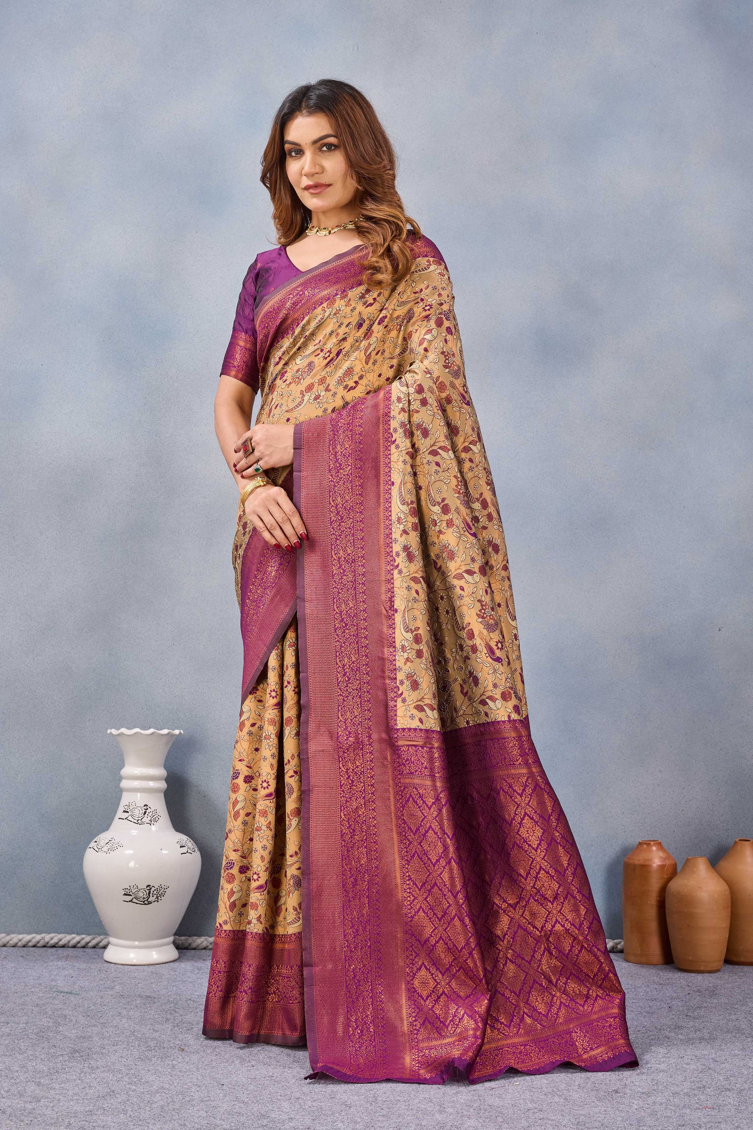 Divine International Trading Co Beige Wine Soft Silk Blend Banarasi Jacuard Work Designer Party Wear Saree With Unstitched Blouse Piece | Grocsy