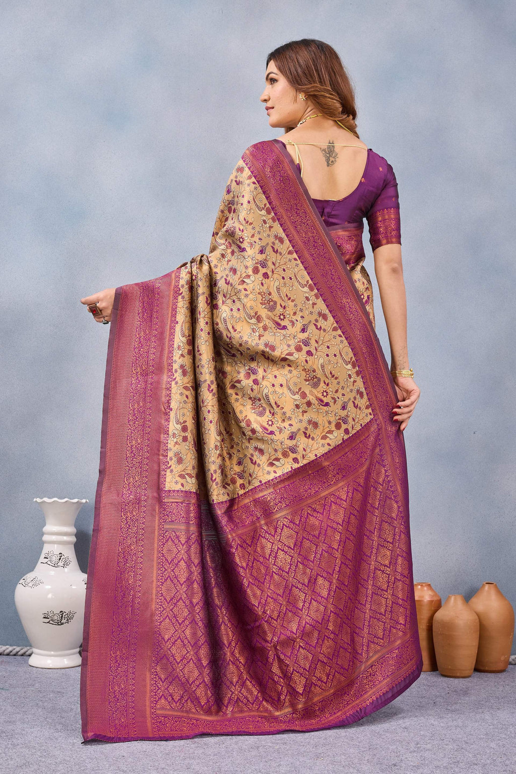 Divine International Trading Co Beige Wine Soft Silk Blend Banarasi Jacuard Work Designer Party Wear Saree With Unstitched Blouse Piece | Grocsy