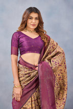 Divine International Trading Co Beige Wine Soft Silk Blend Banarasi Jacuard Work Designer Party Wear Saree With Unstitched Blouse Piece | Grocsy