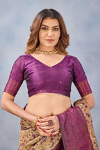 Divine International Trading Co Beige Wine Soft Silk Blend Banarasi Jacuard Work Designer Party Wear Saree With Unstitched Blouse Piece | Grocsy
