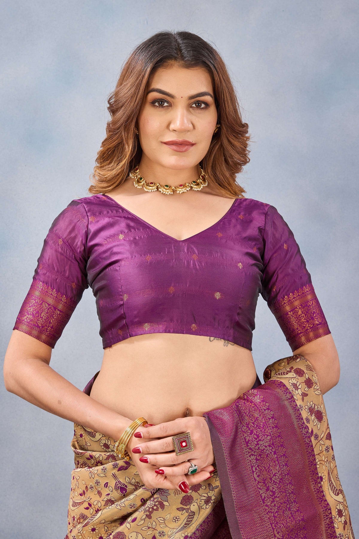 Divine International Trading Co Beige Wine Soft Silk Blend Banarasi Jacuard Work Designer Party Wear Saree With Unstitched Blouse Piece | Grocsy