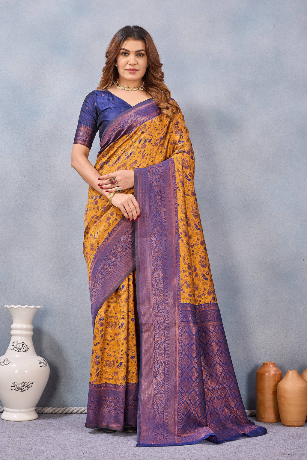Divine International Trading Co Mustard Blue Soft Silk Blend Banarasi Jacuard Work Designer Party Wear Saree With Unstitched Blouse Piece | Grocsy
