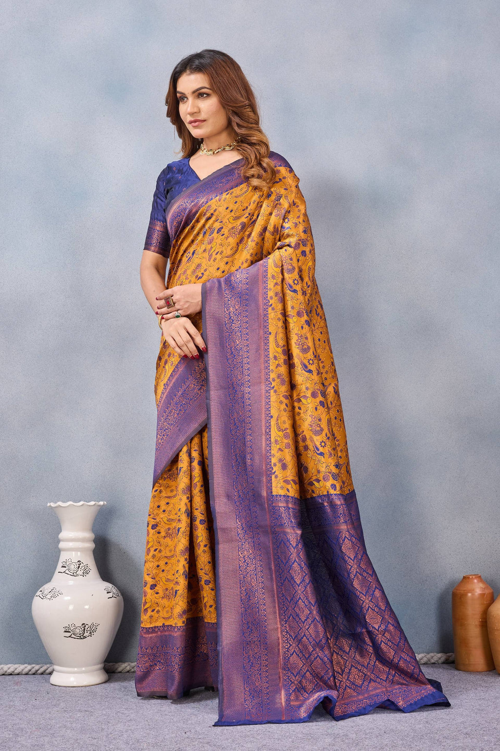 Divine International Trading Co Mustard Blue Soft Silk Blend Banarasi Jacuard Work Designer Party Wear Saree With Unstitched Blouse Piece | Grocsy